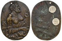 Master of the Martelli Mirror (c. 1500), A Satyr, bronze oval plaquette, half-length figure of the satyr facing right, with raised left hand giving th...