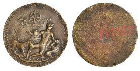 North Italian (c. 1500), An Allegory of Fidelity, bronze plaquette, a naked youth attacked by lions; a celestial sphere and scroll above, 57.3mm (Moli...