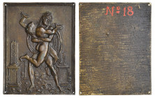 Galeazzo Mondella, called Moderno (1467-1528), Hercules and Antaeus, bronze plaquette, Hercules clasping Antaeus around the waist and raising him from...