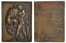 Galeazzo Mondella, called Moderno (1467-1528), Hercules and the Nemean Lion, bronze plaquette, Hercules standing left strangling the Nemean lion; behi...