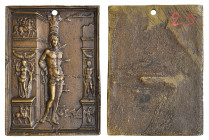Galeazzo Mondella, called Moderno (1467-1528), St. Sebastian, bronze plaquette, the saint tied to a column, pierced with arrows, amidst architectural ...