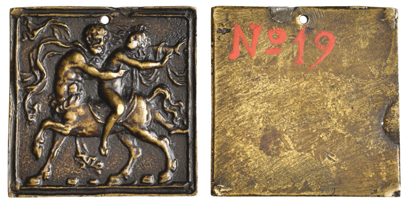 After Moderno, Nessus and Deianira, small bronze plaquette, the centaur Nessus c...