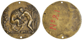 After Moderno, Hercules and the Nemean Lion, bronze circular plaquette, Hercules strangling the lion; to the left, an entrance to a cave; to the right...