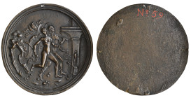 After Moderno, Mars and Victory, large round bronze plaquette, Mars, helmeted and carrying a trophy of arms over his shoulder, hastening to the right ...