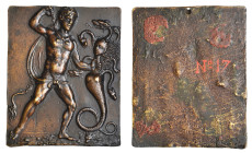 Manner of Moderno/Master of the Labours of Hercules, Hercules and the Lernaean Hydra, rectangular bronze plaquette, Hercules standing facing, naked bu...