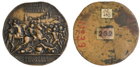 Manner of Moderno, The Battle of Cannae, bronze plaquette, a battle scene of nude warriors fighting on foot and horseback outside city walls, 53mm (Mo...