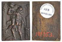 Ulocrino (Riccio workshop (?), early 16th century), Hercules and Antaeus, bronze plaquette, Hercules clasping Antaeus around the waist and raising him...