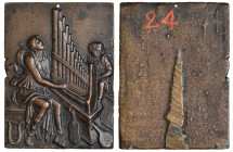 Ulocrino (Riccio workshop (?), early 16th century), St Cecilia, bronze plaquette, the saint playing on an organ behind which sits a small boy; on the ...