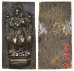 North Italian (c. 1500), The Virgin and Child, bronze plaquette, the Virgin seated on a throne holding the Child so that their faces almost meet, 69.5...