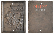 Milanese (c. 1500), The Flagellation of Christ, bronze plaquette, before a ruined antique building Christ is bound to a column flanked by his tormento...
