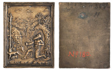 North Italian (c. 1500), St. Jerome, bronze plaquette, St. Jerome kneeling to left outside a cave entrance, gazing up at a crucifix at the base of whi...