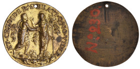 North Italian (Venetian? c. 1500), The Incredulity of St. Thomas, bronze-gilt plaquette, St. Thomas touching Christ’s wound; BEATI Q NO VIDER ET CREDI...