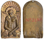 North Italian (c. 1500), The Pietà, bronze and parcel-gilt plaquette, three-quarter length figure of the Dead Christ in the sarcophagus against the ba...