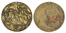 North Italian (c. 1500), Hercules and the Centaur, bronze-gilt plaquette, the Centaur rearing to attack Hercules; a satyr stands between them and a fi...