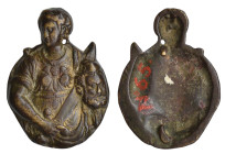 North Italian (c. 1500), Judith and Holophernes, small silhouetted bronze plaquette, half-length figure of Judith facing slightly to the left, holding...