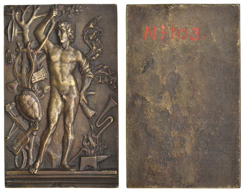 North Italy (c. 1500), An Allegory of Music, bronze plaquette, nude male figure ...