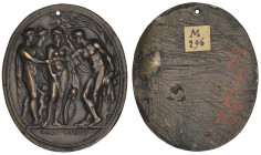 Valerio Belli (c.1468-1546), The Judgement of Paris, bronze plaquette, Paris on the right passes the golden apple to Venus, Cupid at her feet, who sta...