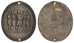 Valerio Belli (c. 1468-1546), Unclear Classical Subject, bronze plaquette, in the centre a man raises his hand to point upwards flanked by on the left...
