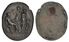 Valerio Belli (c.1468-1546), Mars, Minerva, Venus and Cupid, bronze plaquette, Mars seated on cuirass on the left, Minerva and Venus standing beside h...