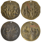 France (18th century), The Trinity and The Annunciation, a pair of bronze plaquettes, 84mm and 86mm, both pierced, very fine casts on thin flans, cont...