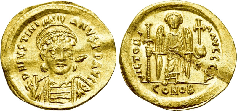 JUSTINIAN I (527-565). GOLD Solidus. Constantinople. 

Obv: D N IVSTINIANVS P ...