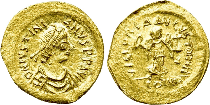 JUSTINIAN I (527-565). GOLD Tremissis. Constantinople. 

Obv: D N IVSTNIANVS P...