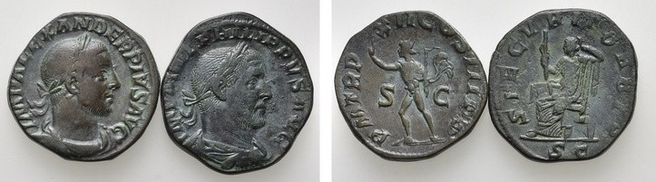 2 Sestertii of Severus Alexander and Philippus the Arab. 

Obv: .
Rev: .

....