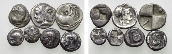 7 Greek Silver Coins. 

Obv: .
Rev: .

. 

Condition: See picture.

Wei...