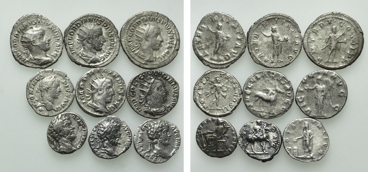 9 Roman Coins. 

Obv: .
Rev: .

. 

Condition: See picture.

Weight: g....