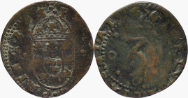Portugal
D. Pedro Regente (1667-1683)
3 Réis Lisboa 1676
Unpublished Legend: …GALIAE.ET.AL
Ex Numisma 83 lot 57
AG: 04.01 (Variant legend) 5,19g
Fine...
