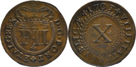 Portugal
D. Pedro II (1683-1706)
10 Reis 1703
Inverted wreath
AG: 17.07 15,14g
Very Fine