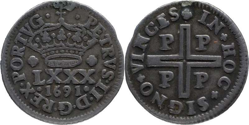 Portugal
D. Pedro II (1683-1706)
4 Vinténs Porto 1691
AG: 46.03 3,09g
Fine (trac...
