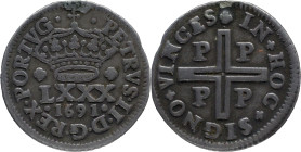 Portugal
D. Pedro II (1683-1706)
4 Vinténs Porto 1691
AG: 46.03 3,09g
Fine (traces of wielding at 12h)