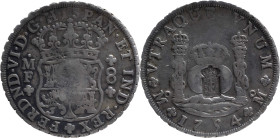 Portugal
D. Maria II (1834-1853)
Crowned Escudo Stamp over 8 reales Ferdin. VI Mexico 1754
AG: 24.03 26,92g
Very Fine