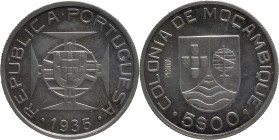 Portugal
República Portuguesa (1910-Present)
Prova 5 Escudo Moçambique 1935
AG: E6.01 7.02g
Extremely Fine