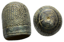 ANCIENT BYZANTINE THIMBLE.(9th-110th century).Ae.

Condition : Good very fine.

Weight : 26.8 gr
Diameter : 25 mm