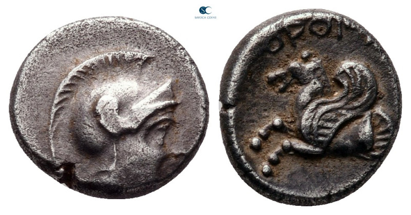 Mysia. Adramytteion. ΟΡΟΝΤΗΣ (Orontes), satrap of Mysia 357-352 BC. 
Diobol AR...