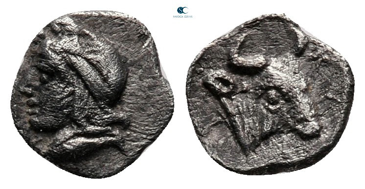 Mysia. Kyzikos circa 450-400 BC. 
Hemiobol AR

8 mm, 0,34 g

Head of Attis ...