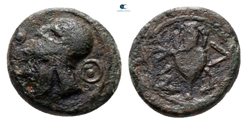 Mysia. Lampsakos circa 400-300 BC. 
Bronze Æ

9 mm, 0,63 g

Helmeted head o...