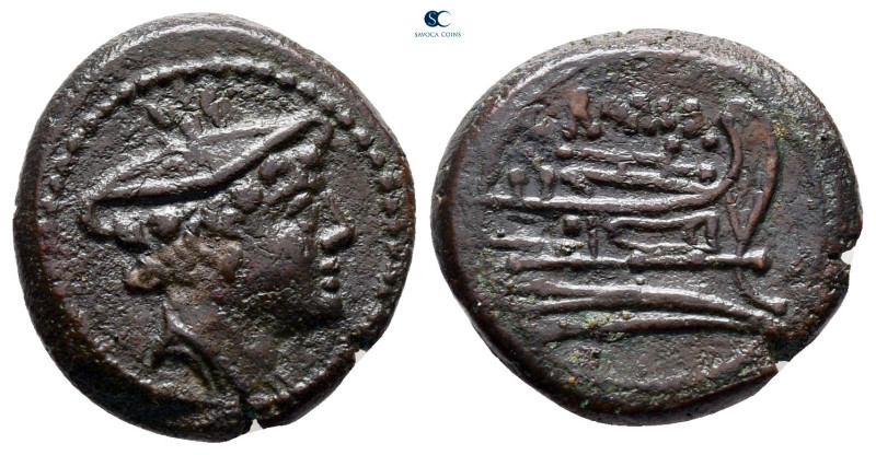 Anonymous after 211 BC. Rome
Semuncia Æ

15 mm, 3,28 g

Draped bust of Merc...