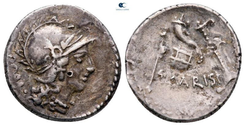 T. Carisius 46 BC. Rome
Denarius AR

18 mm, 3,39 g

Head of Roma right, wea...