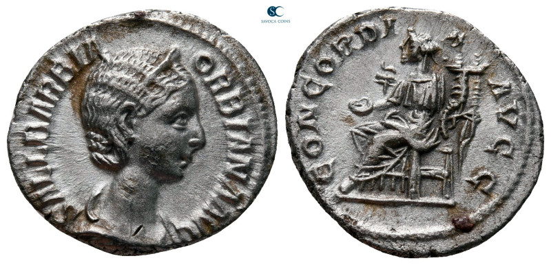 Orbiana AD 225. Rome
Denarius AR

19 mm, 2,46 g

SALL BARBIA ORBIANA AVG, d...