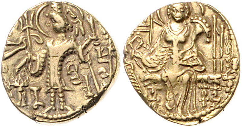 KUSHAN, Kipanada, 330-360, AV Stater. König mit Trident vor Altar. Rs.Thron. Göt...