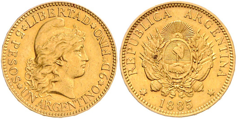 ARGENTINIEN, Republik, seit 1810, 5 Pesos = Argentino 1885. 8,04g.
Ware ist MwS...