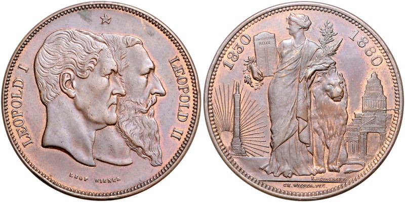 BELGISCHES KÖNIGREICH, Leopold II., 1865-1909, Cu-5 Francs 1880, Brüssel. Stempe...