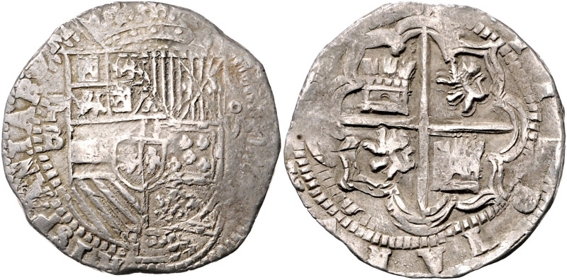 BOLIVIEN, Philipp II., 1556-1598, 8 Reales o.J.(1574-1586) P B, Potosi. Strichkr...