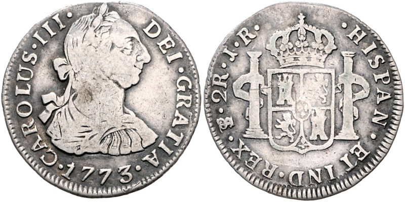 BOLIVIEN, Karl III., 1759-1788, 2 Reales 1773 PTS JR, Potosi. 6,43g.
f.ss
KM 5...