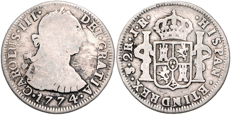 BOLIVIEN, Karl III., 1759-1788, 2 Reales 1774 PTS JR, Potosi. IND REX ohne Punkt...