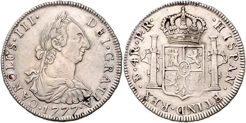 BOLIVIEN, Karl III., 1759-1788, 4 Reales 1777 PTS PR, Potosi. 13,33g.
ss
KM 54...