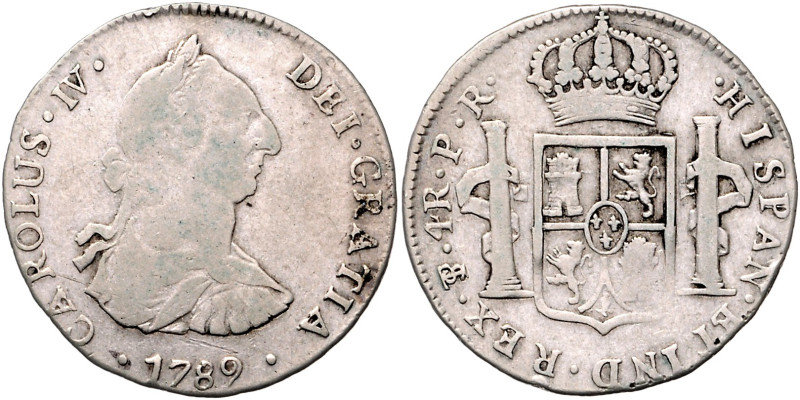 BOLIVIEN, Karl IV., 1788-1808, 4 Reales 1789 PTS PR, Potosi. 13,08g.
s/ss
KM 6...